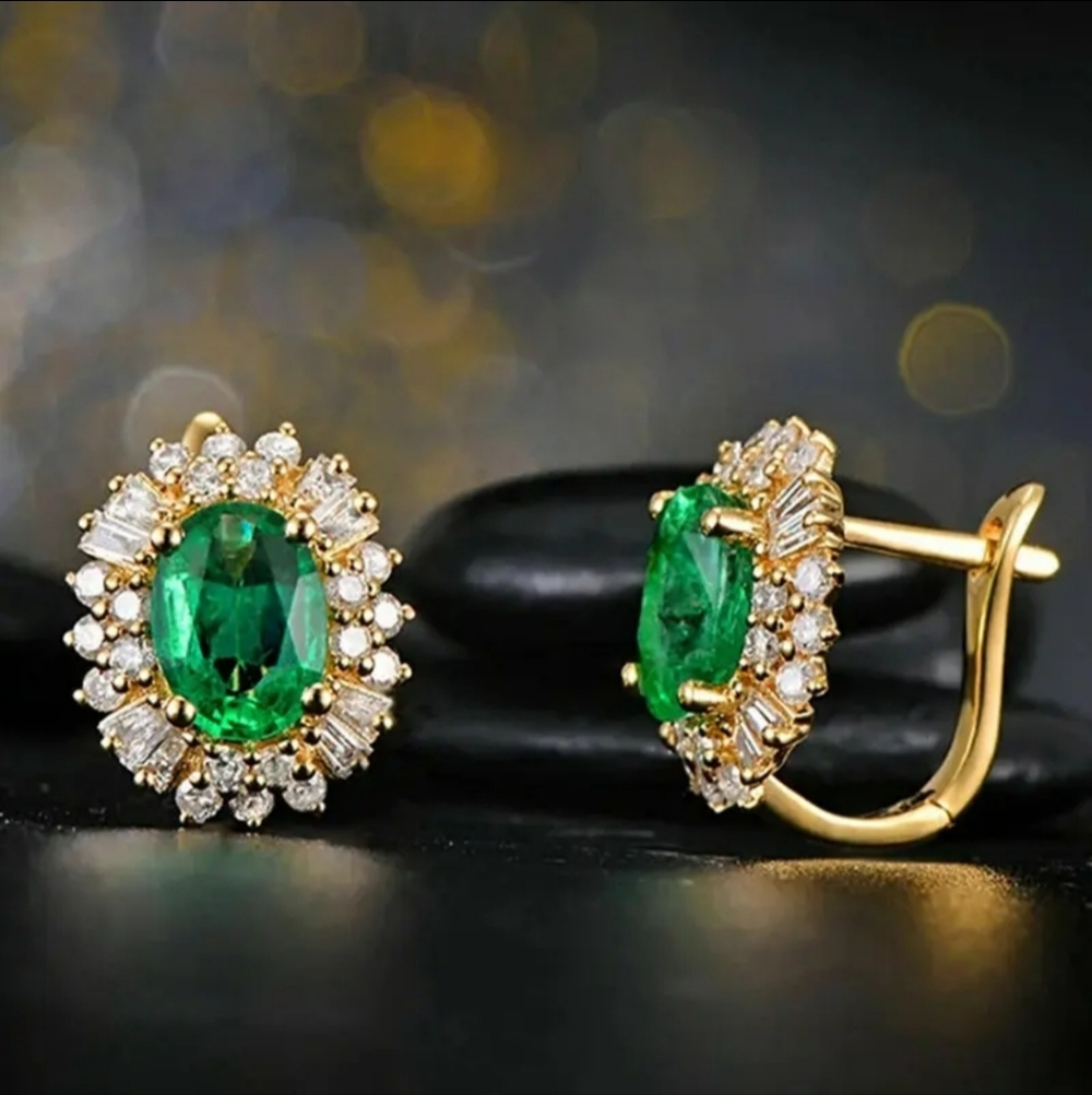 Gold-Plated Emerald Green Halo Earrings